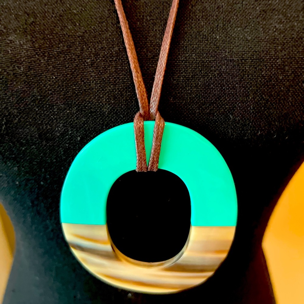 Turquoise & Buffalo Horn Statement Pendant Necklace | Adjustable Leather Cord - Picture 5 of 10